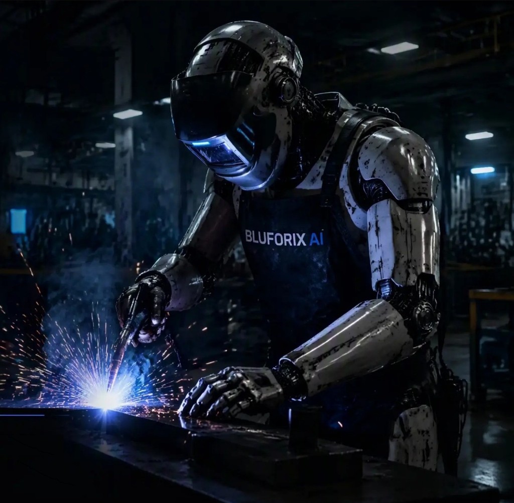 BLUFORIX AI humanoid robot performing industrial arc welding